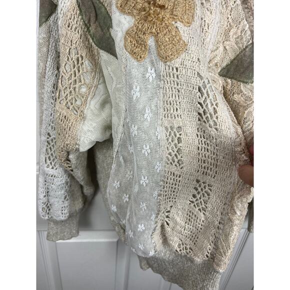 Vintage Crochet Floral Beaded Wearable Art Beige Earth Tones Sweater Medium - Picture 6 of 8